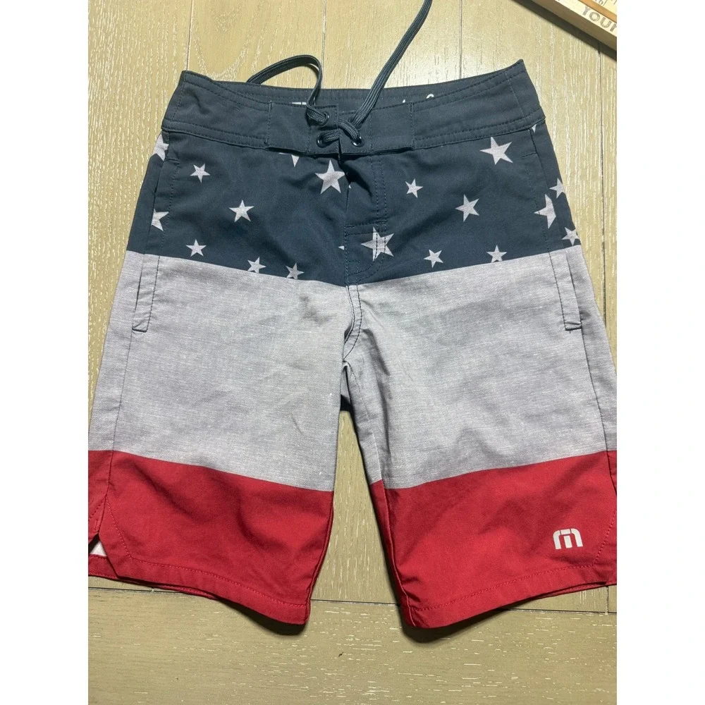 TravisMathew‎ Board Shorts Kids Size 8 Blue Gray Red Stars Patriotic Colorblock